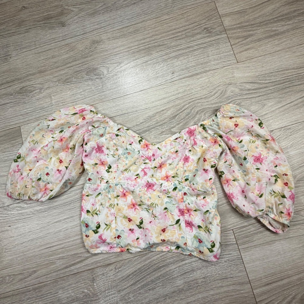 Abercrombie & Fitch Womens‎ Small Floral Puff Sleeve Smocked Sweetheart Crop Top